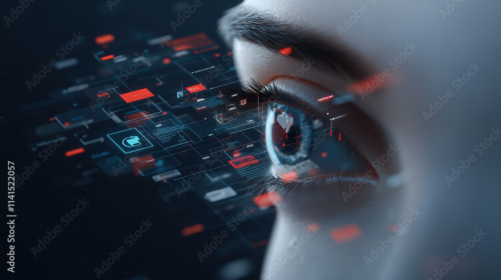 Aufkleber cybernetic eye scans virtual grid of security data, showcasing advanced technology and digital inter