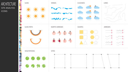 architecture site analysis symbol icon element drawing graphic flat isolated vector. architecture element line sun wind sound sun path vegetation.