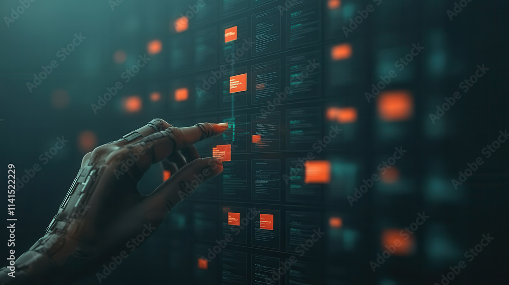 Poster cybernetic hand interacts with holographic interface displaying data