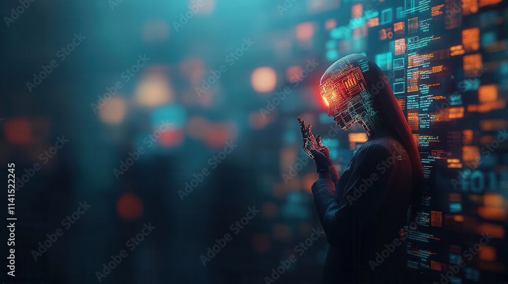 Poster cybernetic humanoid analyzing virtual screen in futuristic setting, showcasing advanced technology a