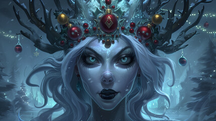 The evil Snow Queen's full face, framed by cascading frosty hair.