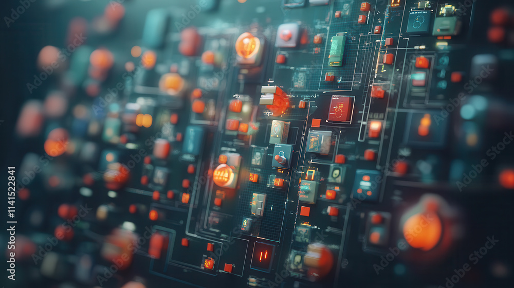 Poster futuristic control panel with vibrant circuits and glowing elements, showcasing advanced technology 