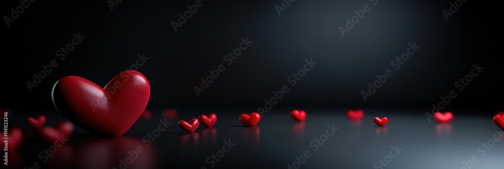 Poster 3d render of empty black background with red hearts in various sizes for romantic and valentine’s da