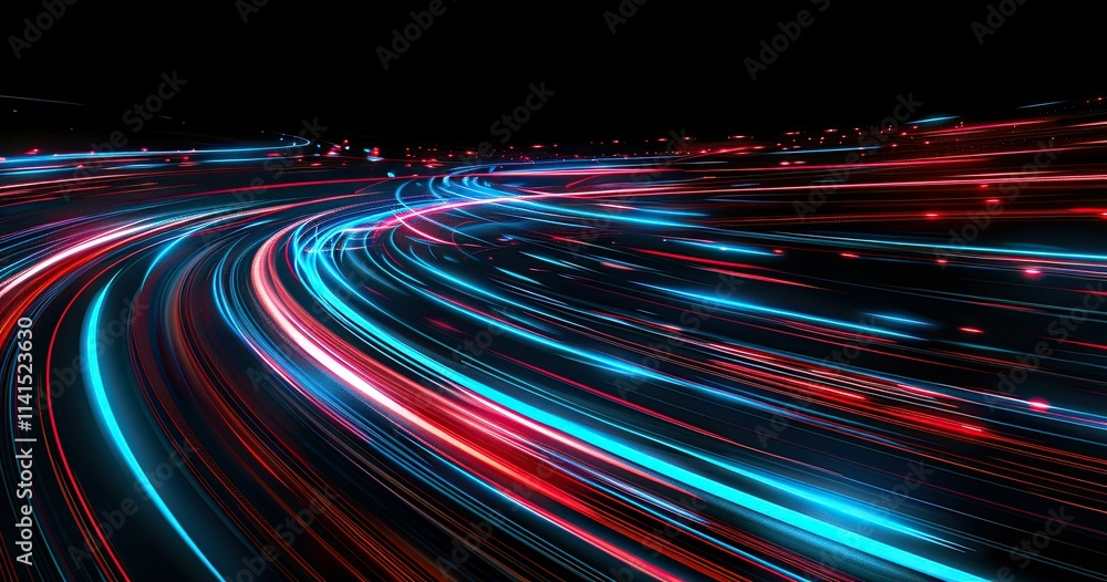 Poster a vibrant display of blue and red light trails creating a dynamic, abstract motion effect.