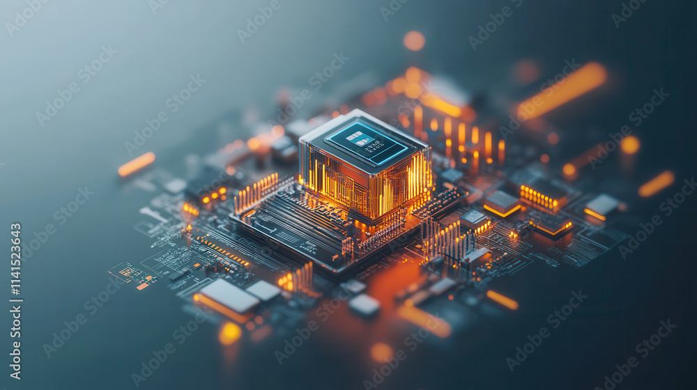 Poster futuristic digital payment interface featuring glowing microchip and circuit board. design showcases