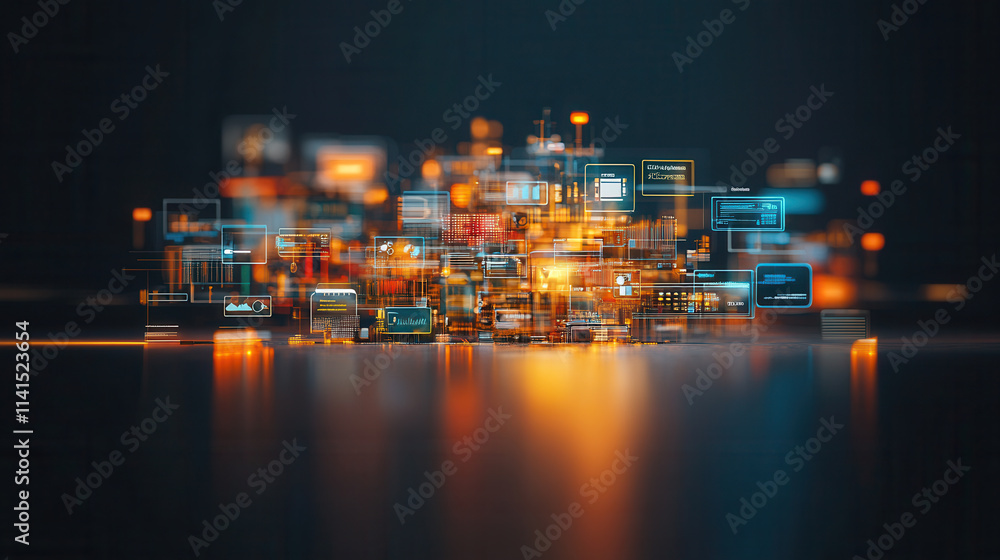 Poster futuristic digital payment interface with glowing elements and data displays