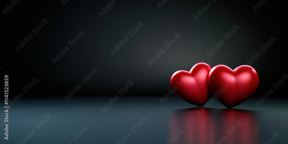Poster two glossy red hearts on a solid black background in a 3d render with a soft reflection and artistic