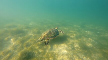 Obraz premium A turtle swims gracefully through clear, shallow waters, showcasing marine life.