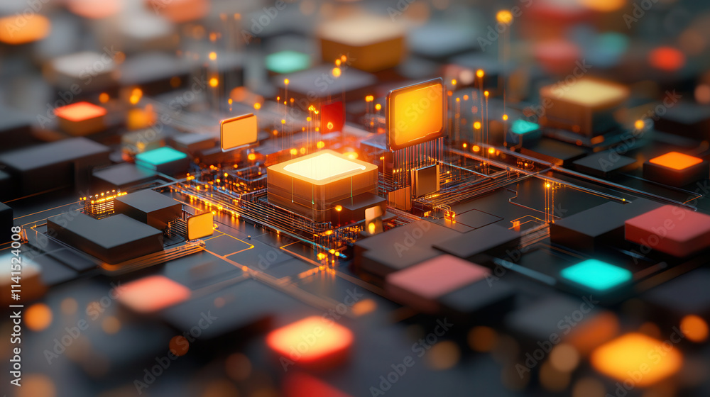 Aufkleber futuristic circuit board with glowing components and data flow
