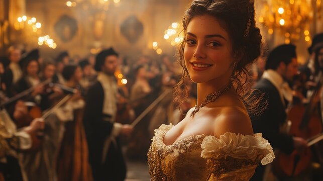Smiling woman in ornate gown at grand ball.