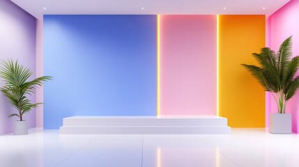 Fototapeta premium A colorful stage setup with plants for presentations or events.
