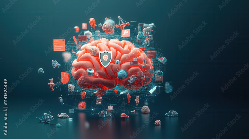 Poster glowing digital brain surrounded by data symbols and protective shield, representing technology and 
