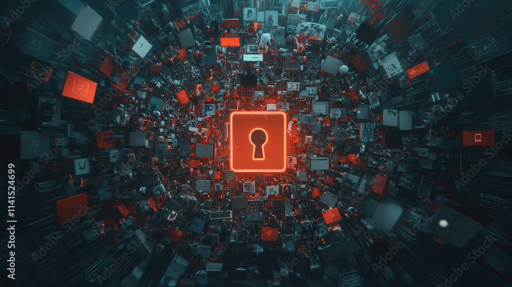 Poster glowing digital lock surrounded by vibrant ai neural network, symbolizing security and technology