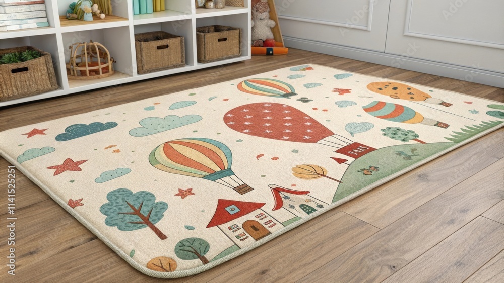Poster a plush rug with a whimsical design anchors the area adding warmth and comfort underfoot while provi