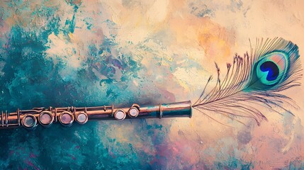 A golden flute and peacock feather on a textured abstract background © edo