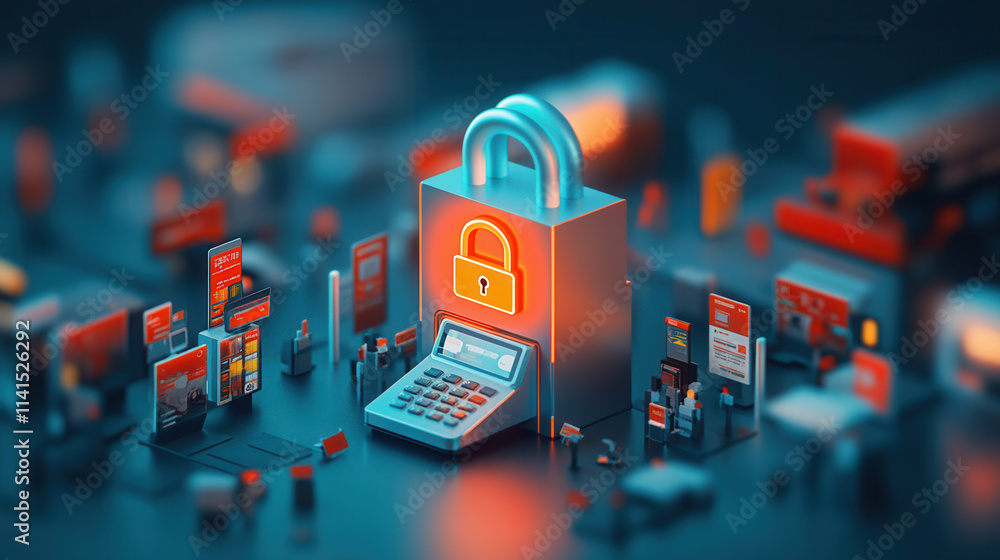 Poster glowing lock symbol over digital payment terminal, representing security in transactions. this conve