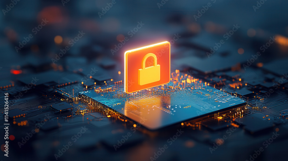 Poster glowing lock symbol on digital payment terminal represents security and technology. this conveys tru