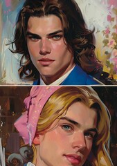 Double portrait young man blondehaired woman each rendered distinct style top panel showcasing mans sophistication bottom panel featuring womans femininity