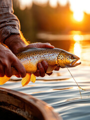 Obraz premium A fisherman gently holds a trout over shimmering waters at sunset, portraying the tranquil beauty and rewarding patience of fishing at golden hour.