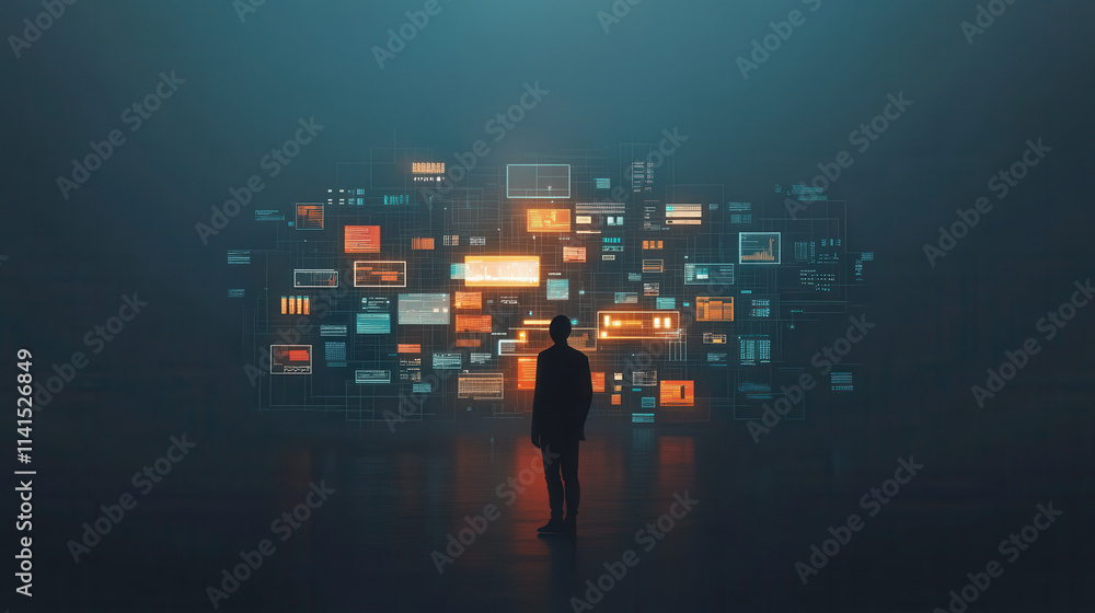 Aufkleber hacker silhouette stands before glowing ai powered interface, immersed in technology