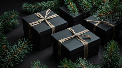 Black Boxes with Pine Tree Branches on Black Top View, Black Friday Concept black background,