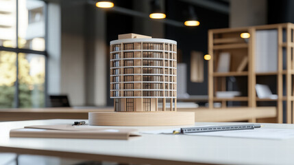 A scale model of a modern building sits on a desk, exemplifying architectural vision and meticulous planning in an atmosphere of creative innovation.