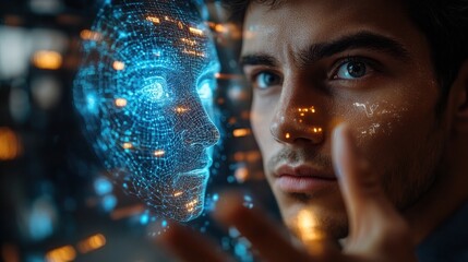 Person interacting with digital AI representation