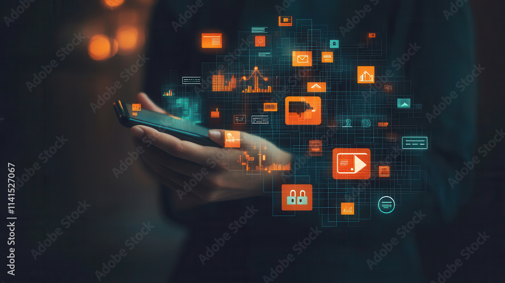 Poster hand holding smartphone displays secure digital icons and data