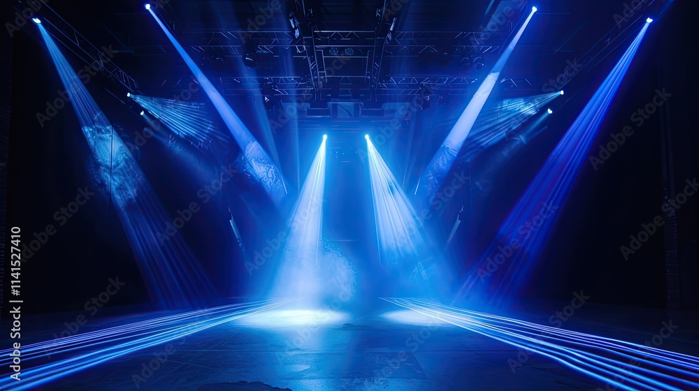 Aufkleber a stage illuminated with blue lights and beams, creating an atmospheric performance setting.