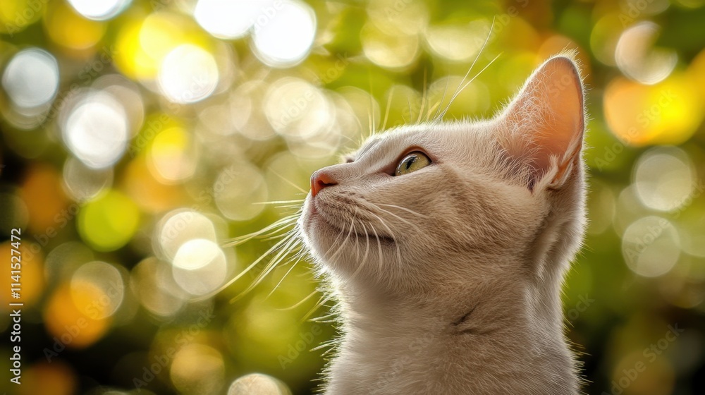 Poster elegant white cat gazing into nature with a soft bokeh background