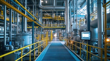 A shot of a workspace filled with digital displays that track the carbon output in realtime allowing workers to optimize operations for lower emissions.