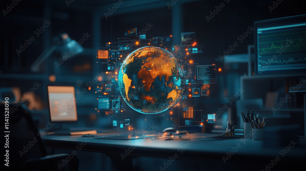 Poster modern office with glowing digital globe surrounded by data displays, creating futuristic atmosphere