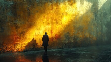 Obraz premium Man in coat facing glowing wall.