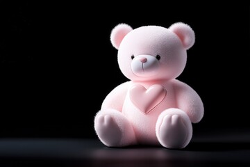Obraz premium Adorable Pink Teddy Bear with Heart on Pitch Black Background for Romantic and Cute Themes