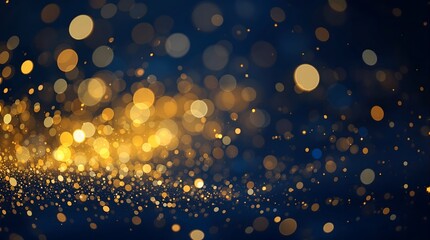 Abstract dark blue and gold particle background with Christmas golden light bokeh, shining particles on navy blue, gold foil texture, festive holiday concept