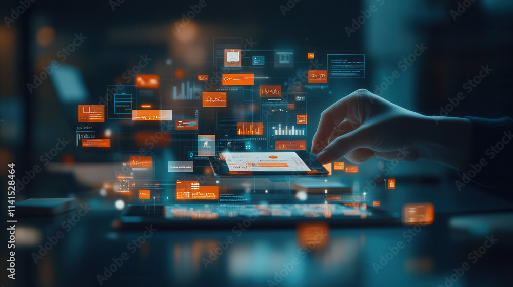 Poster person using secure digital payment app on smartphone, surrounded by data visualizations and analyti