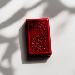 A red traditional Chinese seal featuring intricate floral carvings, placed on a light surface with subtle shadows creating an artistic effect.