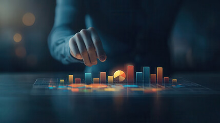 professional analyzing 3D holographic pie chart and bar graph. scene conveys innovation and data visualization