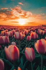 Pink Tulip Field at Sunset
