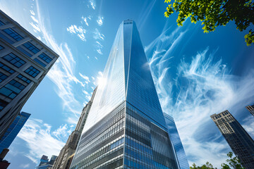 Modern Skyscraper with Sleek Glass Facade Reflecting Cityscape Under Bright Blue Sky - Contemporary Urban Architecture