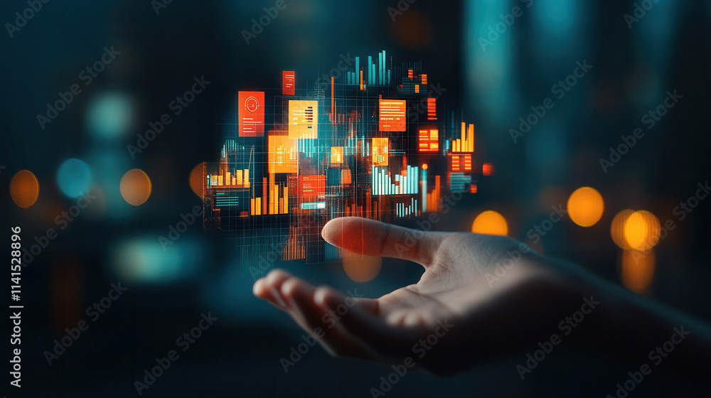 Poster hand presenting digital business intelligence data with graphs and charts, showcasing technology and