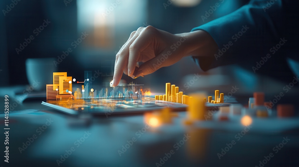 Poster professional analyzing data trends on digital tablet with graphs and charts. scene conveys sense of 