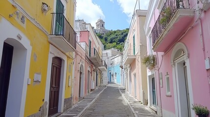 Fototapeta premium Colorful Narrow Street in Charming Italian Village Under Clear Blue Sky