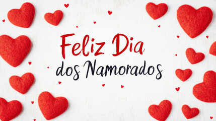 Happy Valentine's Day banner background with written in Portuguese language Feliz Dia dos Namorados , minimalist love and Valentine card with red hearts and copy space
