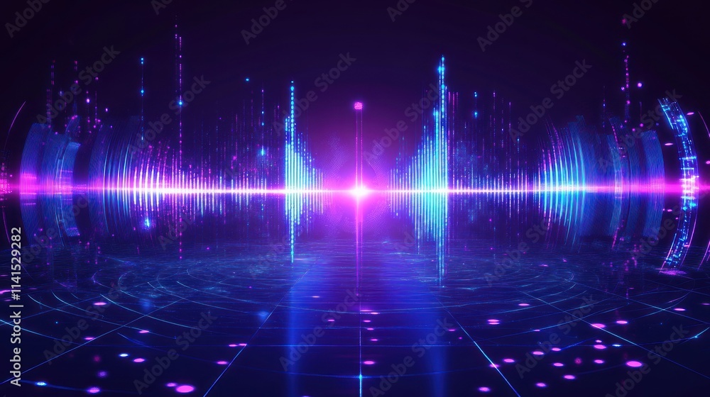 Fototapete a vibrant digital landscape with waves and particles, representing sound or data visualization.