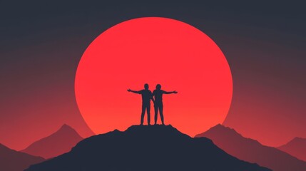 Fototapeta premium Silhouette of Two People Celebrating Life Against a Vibrant Sunset with Majestic Mountains in the Background, Symbolizing Friendship and Connection in Nature