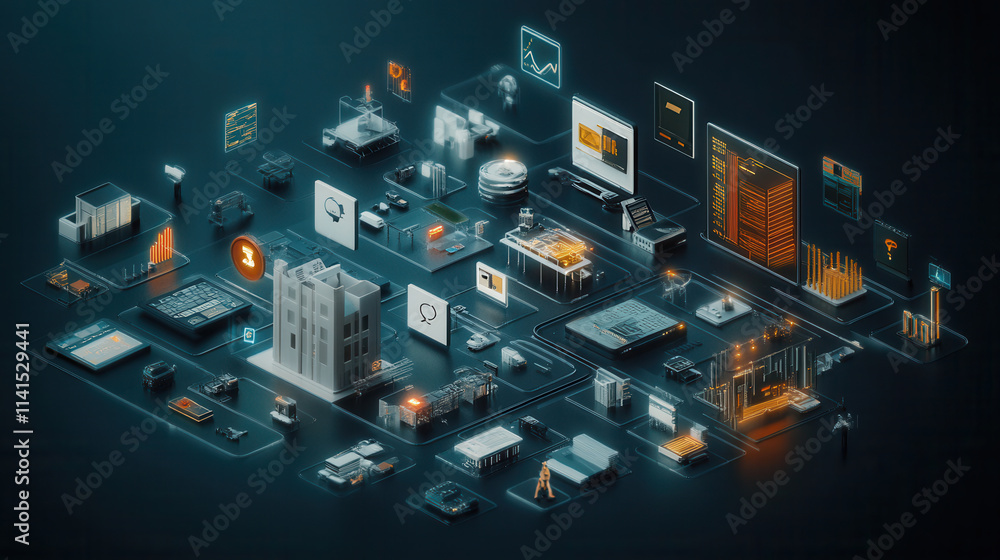Poster digital network visualization showcasing secure blockchain technology, featuring buildings, data cha