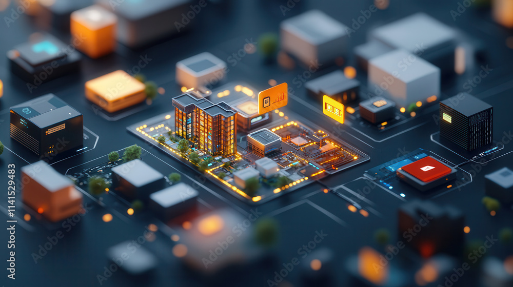 Poster digital cityscape featuring secure blockchain network with illuminated buildings and connected struc