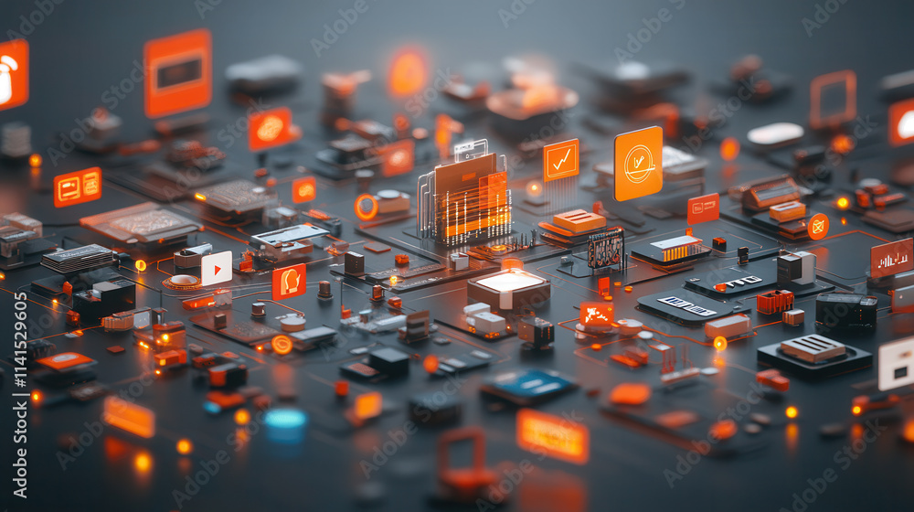 Poster digital payment app interface with glowing icons and vibrant colors, showcasing modern technology an