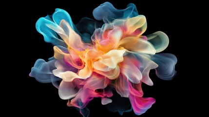 A vibrant explosion of colorful smoke-like forms against a black background.